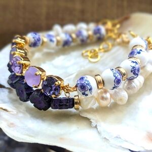 Victorian Darling Purple Swarovski Crystal Porcelain & Beads Layered Bracelet